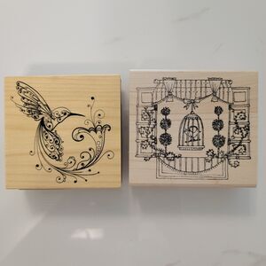 ELEGANT FLOURISHING BIRDS OF A FEATHER Lot of 2 Wood Mounted Rubber Stamps NEW